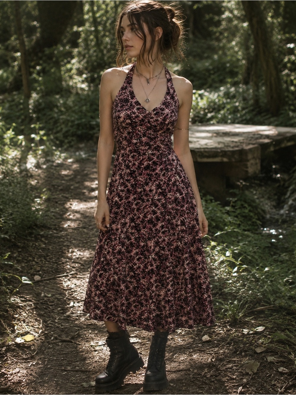 Y2K BCBG Max Azria Halter Midi Dress M Pink Black Floral Fairy Grunge Coquette